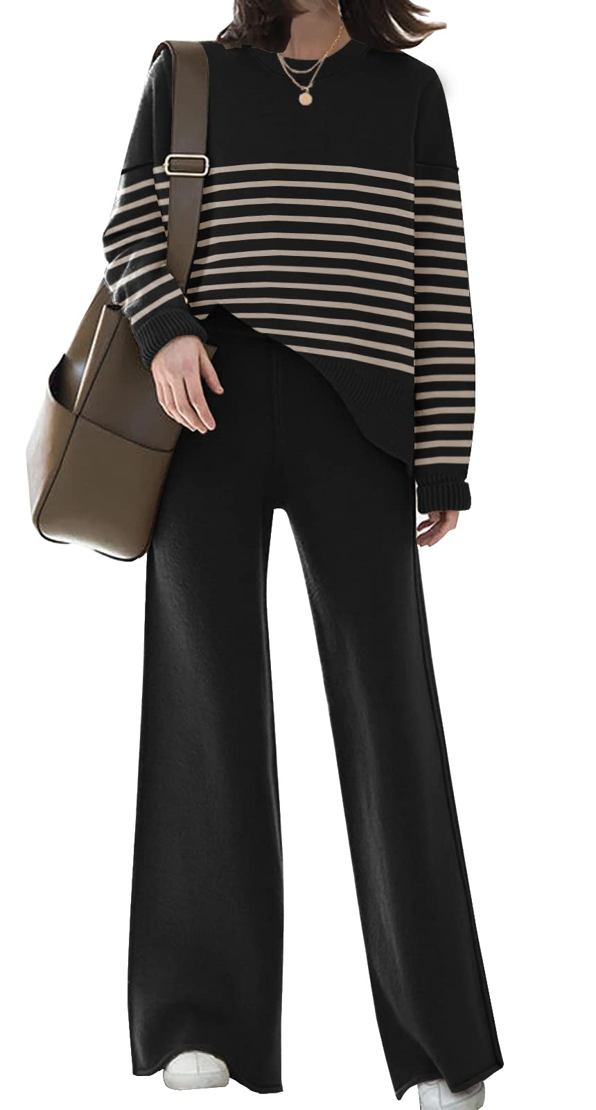 ETCYY NEW Womens Elegant Lounge Sets Knitted Sweatsuit Sets 2 Piece Outfits with Sweater Tops and Wide Leg Sweatpants