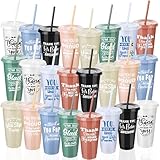 Kochorie 24 Pieces Thank You Cups 24 Oz Inspirational Plastic Tumbler Cup with Lids and Straws Reusable Appreciation Gift Bulk Thank You Gifts for Staff Coworker Teacher Employee, Neutral