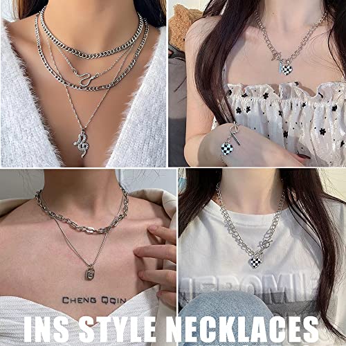 If You Silver Chain Necklace Egirl Men, Cool Goth Punk Layered Necklaces For Women Teen Girls, Black Crystal Cross Pendant Choker Necklace Set (9 Pcs) #TOP3