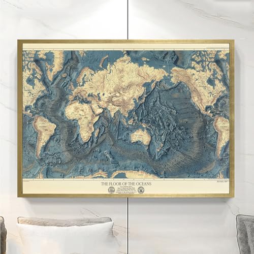Topografía de tierras y océanos del mundo. Lámina del fondo oceánico. Cartografía de la geología del fondo del océano. Póster en lienzo para decoración de pared (22"L x 16"W, sin marco) miniatura 6