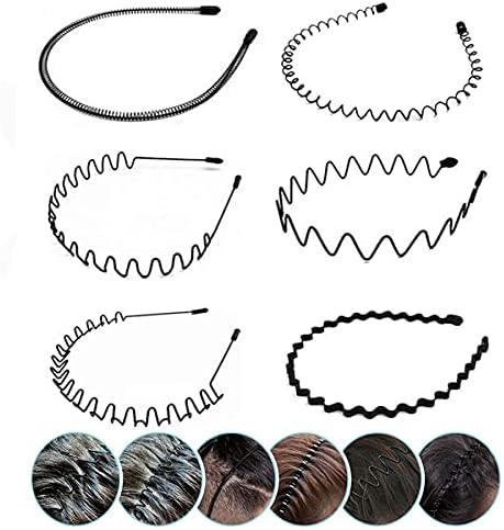 Elastic Wavy Spring Wave Hair Band, Multi-Style Black Non-slip Metal Hair Hoop, Unisex Sport Fashion Hair Band Accessories for Women and Men(6 Pieces)