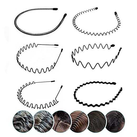 Fameza Elastic Wavy Spring Wave Hair Band, Multi-Style Black Non-slip Metal Hair Hoop, Unisex Sport Fashion Hair Band Accessories for Women and Men 6 Pcs