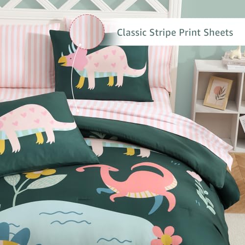 Image of AMBERSPACE Queen Comforter Set for Girls Dinosaur 7 Pieces Bed in a Bag
