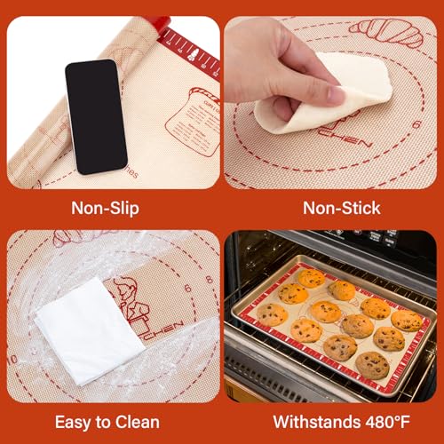 Extra Thick Silicone Baking Mat with Recipes - 26x16 inch Non Stick Pastry Mat with Measurements for Sourdough, Macarons, Bread, Pizza, Dough Rolling, Kneading, Heat Resistant to 480°F Gift for Baker