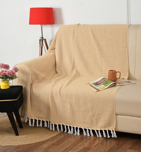 WEAVERS HUT Cotton Herringbone Throw for Sofa & Bed – 125×150 cm (50×60 inches) | Soft Lightweight Decorative Blanket with Tassels | Premium Reversible Yellow & White Sofa Throw