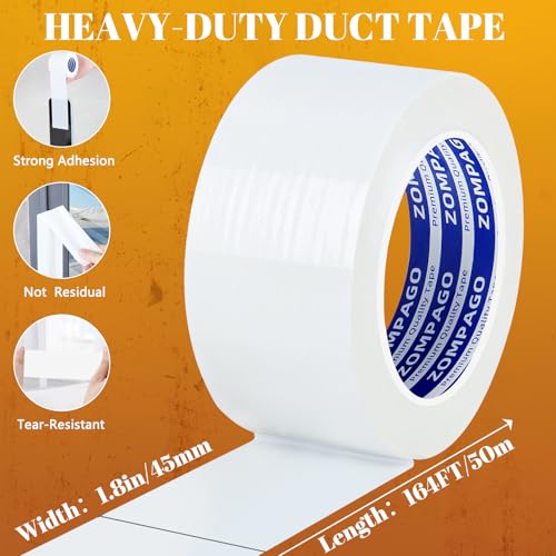 Image of ZOMPAGO White Duct Tape Heavy Duty, 1.8in x 164FT, Tearable Strong Adhesive Waterproof Seal Tape for Indoor Outdoor Use, Multi Purpose for Packaging, Bundling, Repairs, Carpet Seaming, Crafts