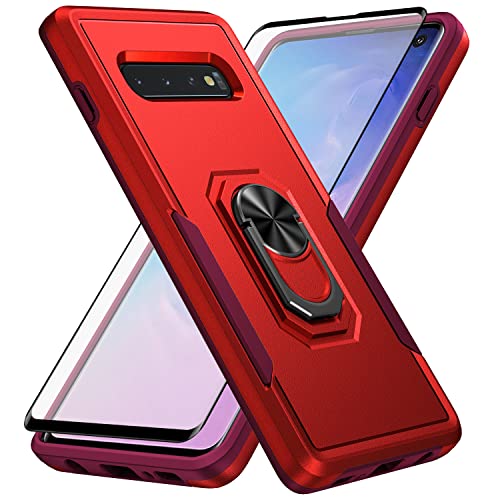 Asuwish Phone Case for Samsung Galaxy S10 with Tempered Glass Screen Protector Cover and Slim Ring Holder Stand Hard Hybrid Cell Mobile Accessories Glaxay S 10 Edge Gaxaly 10S GS10 X10 Women Men Red