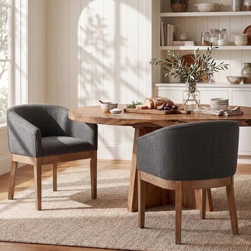 Image of HNY Barrel Dining Chairs Set of 2, Mid Century Modern Upholstered Dining Chairs with Arms, Linen Kitchen & Dining Room Chairs, Solid Wood Frame Accent Chairs for Kitchen, Apartment, Charcoal Black