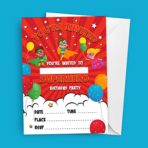 Kirsten McMillan 32 X Comic Superhero Style Birthday Party Invitations Invites A6 - Pack of 32 Birthday Party Invitations with Envelopes Designed and Printed in the UK - Image 2