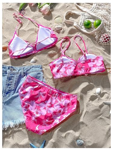 Girl's 3 Piece Summer Swimsuit Floral Print Ruched Triangle Halter Cut Out Beach Bathing Suits2