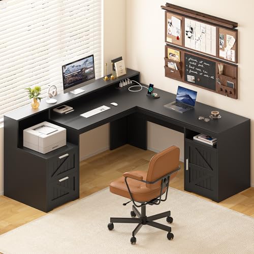 YOMILUVE 63' Farmhouse L Shaped Desk with Drawers & Storage Shelf, Corner Computer Desk with Power Outlets for Home Office, Executive Desk with Monitor Stand, Printer Shelf, Black
