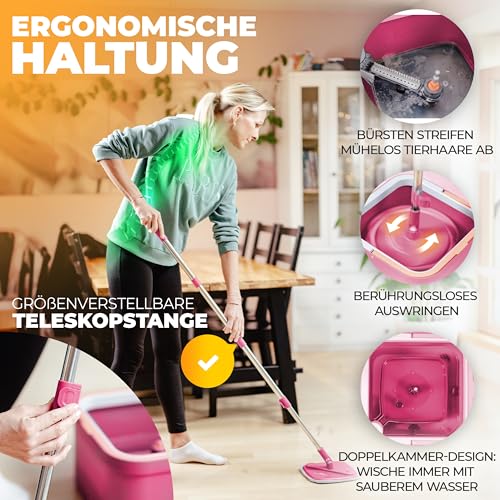 ALANBERG® Wischmopp Set mit Eimer – 2-Kammer-System zur Trennung von Schmutz- und Frischwasser – mit 160 cm Teleskopstange, Mikrofaser-Wischpads – Bodenwischer für alle Bodenarten, Rosa – Bild 4