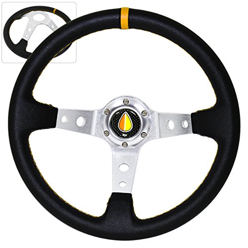 AJP Distributors Universal 350mm Deep Dish Black Pvc Leather Yellow Stitching Stitches Light Weight Steering Wheel Upgrade Drifitng Track Drag Fukushi Jdm Leaf Horn Button