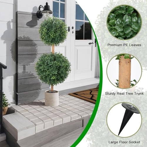 Zythrem 2.6FT Topiary Trees Artificial Outdoor Porch Plants Double Boxwood Topiary Ball with Ground Spike Set of 2 Faux Boxwoods for Outdoor Planters Front Door Entrance Garden Indoor Home - Image 5
