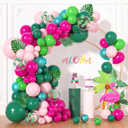 Image of Ouddy Life 157pcs Tropical Balloons Arch Garland Kit, Hawaiian Summer Luau Party Decorations, Hot Pink Dark Green Orange Palm Leaves Balloons for Aloha Flamingo Beach Pool Baby Shower Birthday Decor