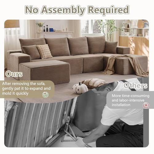 Image of Lakifun 135 inch U-Shape Cloud Couch, Modern Modular Sectional Comfy L-Shape Sofa with Ottoman, Deep Seat, Upholstered Corduroy Sleeper Chaise Longue for Living Room Bedroom, No Assembly Required, Camel
