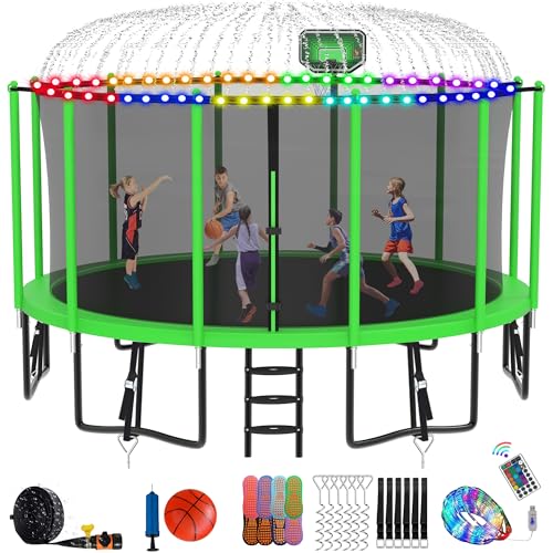 DeepRoar Tranpoline for Kids and Adults, 1500LBS 16FT 15FT 14FT 12FT 10FT 8FT Tranpoline with Basketball Hoop, Safety Enclosure Net, Heavy Duty Tranpoline with Light, Sprinkler, Socks, ASTM Approved