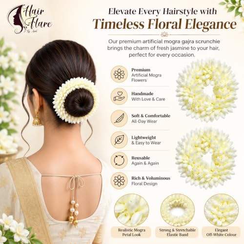 Image of Hair Flare Pack of 6 Scented Mogra Gajra Hair Accessories For Women & Girls - Hair Flower Bun Artificial Fake Gajra Scrunchies Rubber Band - Premium & Voluminous 2709