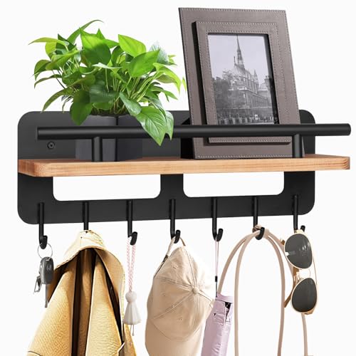 JiangLin Schlüsselbrett Holz mit Ablage, Schwarz Schlüsselhalter mit 7 Schlüsselhaken,...