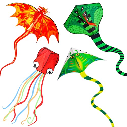 4 Pack Kites-Large Fire Dragon Kite Green Snake Kite Devil Fish Kite Red Mollusc Octopus with Long Colorful Tail for Kids Adults Outdoor Game Activities