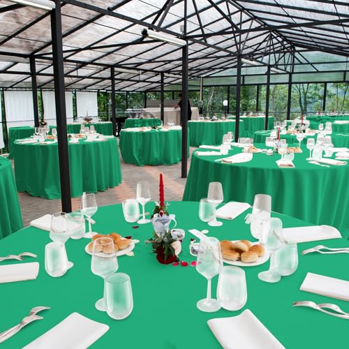 Image of 16 Pack Green Plastic Tablecloth for Round Tables, Premium Decorative Green Disposable Table Cloths for Parties, Round Party Table Cover for Birthday Anniversary Graduation Picnic Party, 84 Inch