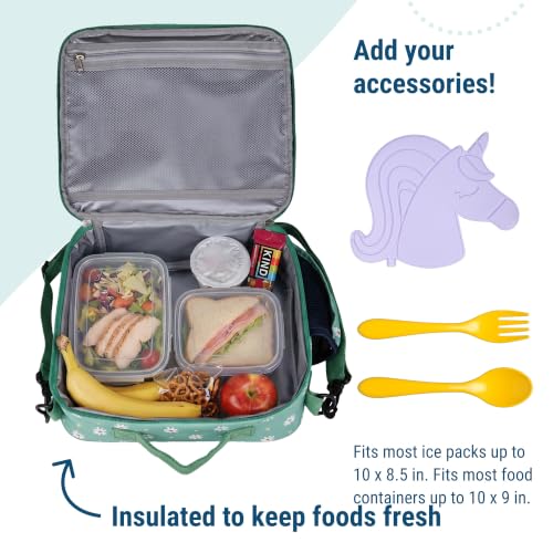 Image of Wildkin ECO rPET Insulated Lunch Box for Kids, Daisy | 11 x 9.5 x 3.5 in insulated rPET lunch box with bottle pocket, interior mesh pocket and removable shoulder strap.