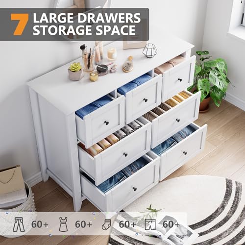 GarveeHome White 7 Chest of Drawer Dresser, Modern Storage Cabinet, Wood Organizer TV Stand for 48 inch TV, Bedroom, Living Room, Entryway