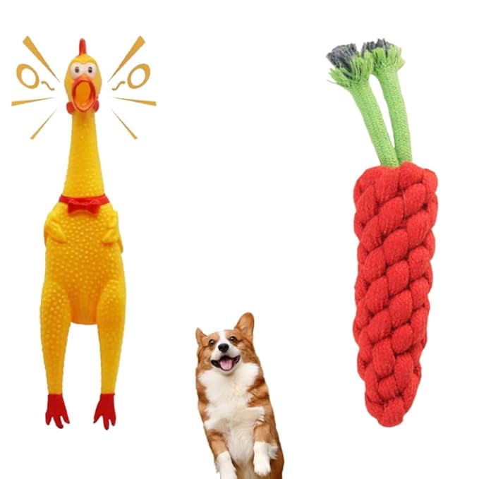 POLKA Squeaky Chicken & Carrot Rope Puppy & Dog Toy – Fun Interactive Chew Toys for Dogs – Durable, Non-Toxic & Safe – Great for Tug, Fetch & Teeth Cleaning – For Small & Medium Pets (Combo of 2)