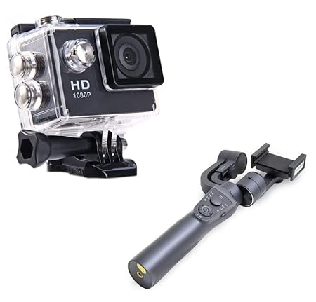 TechKing (COMBO PACK SPECIAL WITH 12 YEARS WARRANTY) 1080p Sports Waterproof Action Camera, V2 3-Axis Gimbal Stabilizer for Smartphone Handheld with Grip AI Visual Tracking Type-C Reverse Charging Vlog Live YouTube