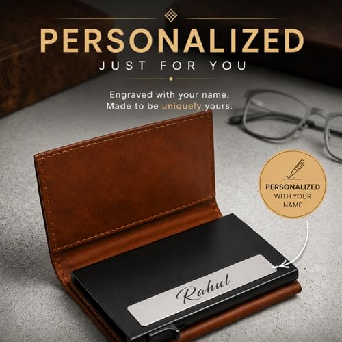 Image of Slim Leather Card Holder Wallet, Black, RFID Blocking, Zipper Pocket, Pop-Up Card Ejector (TAN)