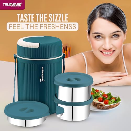 Image of Trueware GRUB 2 Double Wall Insulated Hot Lunch Box with 2 SS Container 300 ML Each & 1 SS Container 200ML | Bpa Free | Food Grade | Hot and Fresh Ma (LBI-GRB-002-Blue BAZ)