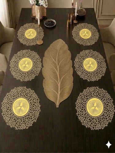 Image of Dakshya Industries PVC Waterproof Round Table Placemat & Table Runner Combo Set | 6 Round Table Mats (38 x 38 cm) + 1 Table Runner | Heat Resistant, Washable, Non Slip Dining Table Decor (Aurelia)