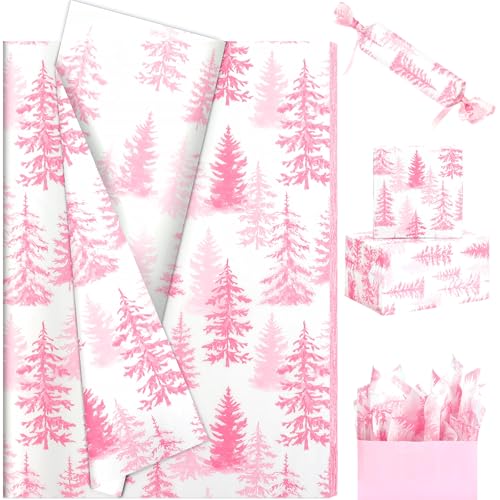 Papier de soie rose motif sapin pour emballage cadeau anniversaire mariage et loisirs créatifs