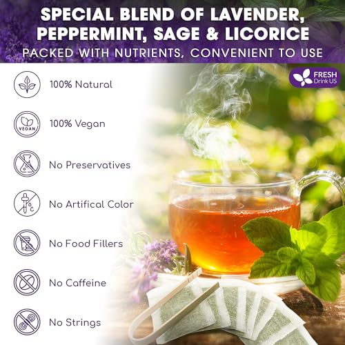 Image of FreshDrinkUS, Premium 75 Tea Bags Lavender Mint Tea, 100% Natural, Blend of Lavender, Peppermint, Sage and Licorice. Made with Natural Material Tea Bags. No Sugar, No Caffeine, Vegan.