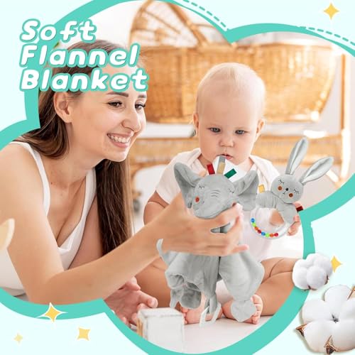 Newborn Baby Gift Basket Baby Boy Gift Basket, Newborn Essentials for New Baby Gifts Basket Set with Baby Blanket, Bunny Rattle, Elephant Security Blanket, Baby Socks, Wooden Announcement Sign