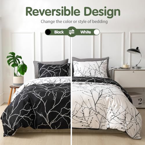 Image of Lekesky Reversible Duvet Cover King Size, Black White Branch Comforter Cover King 3pcs Microfiber Botanical Bedding Set with Zipper Closure Corner Ties