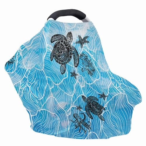 Image of Sea Turle Car Seat Covers Multi-Use Nursing Cover for Baby Infant,Carseat Canopy,Soft Breastfeeding Covers Baby Nursing Cover Easy to Install