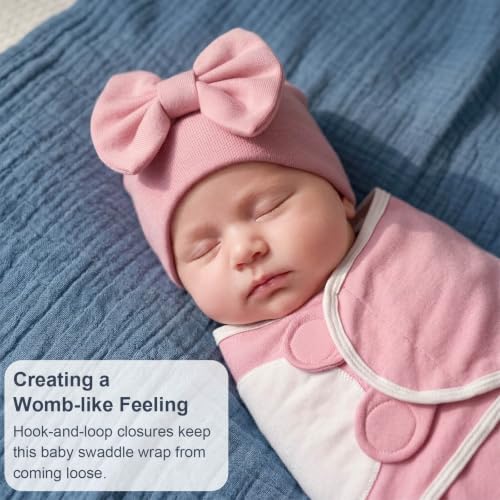 Image of DRESHOW BQUBO 3 Pack Newborn Baby Swaddle Blanket with Hats Infant Adjustable Velcro Swaddling Wraps with Bear Ears Cap for 6-12 Lbs Newborns & 0-3 Months Girls Boys