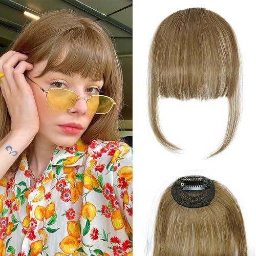 Flequillo de clip de cabello 100% natural para mujer: postizo de flequillo de aspecto natural con patillas, flequillo ralo o curvo (castaño claro)