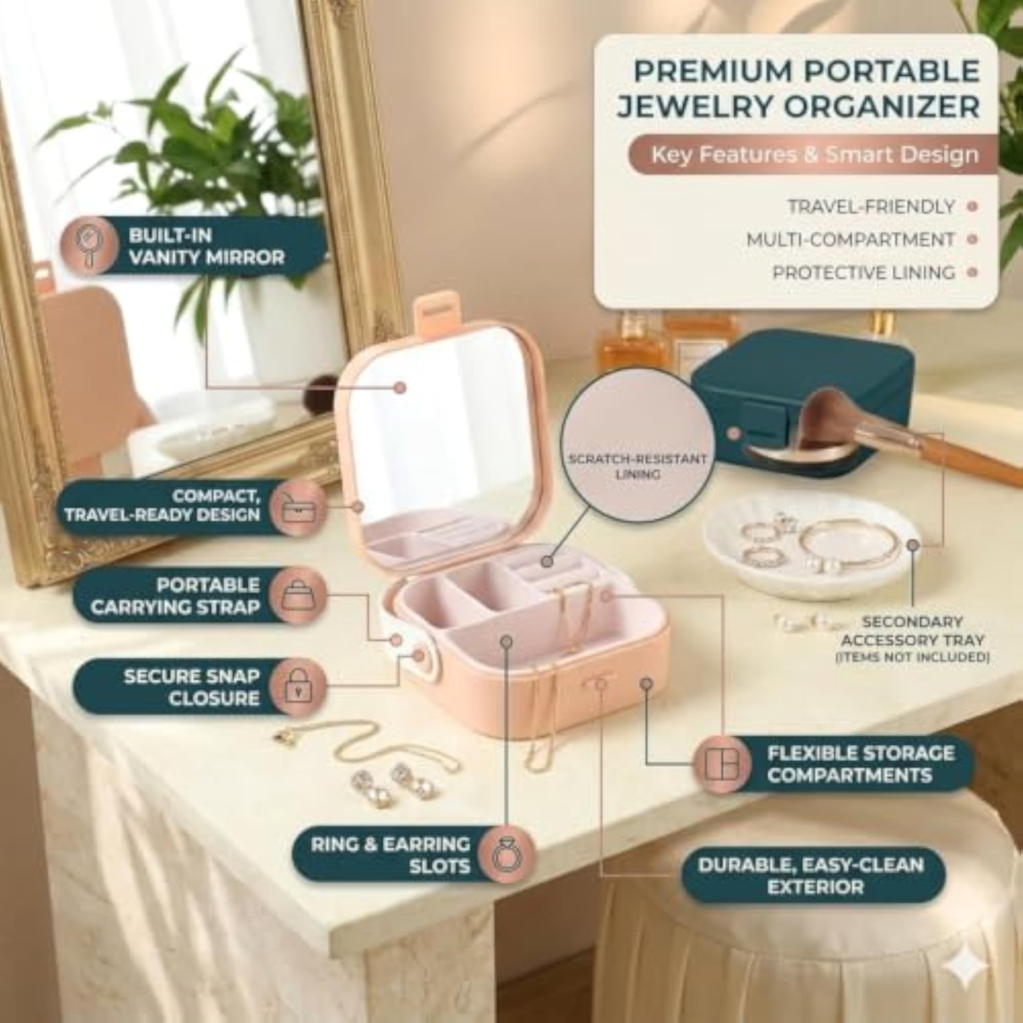 Travel Jewelry Organizer Box with Mirror, Portable Case