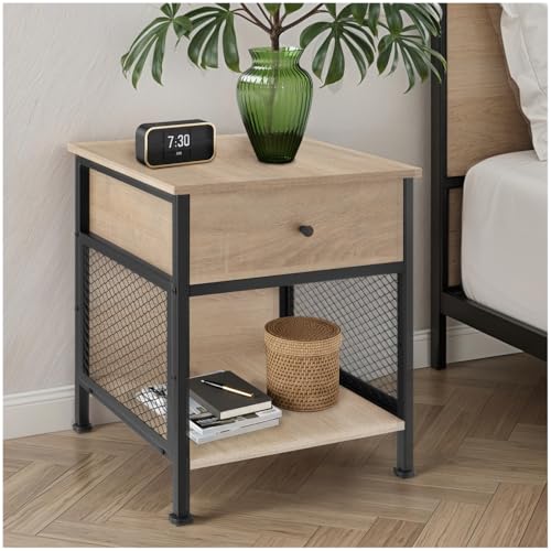 tectake® Table de Chevet 45 x 46 x 55,5 cm, Table de Nuit à tiroir Style Industriel Chevet de lit Petit Meuble de Rangement Meuble Chambre Décoration...