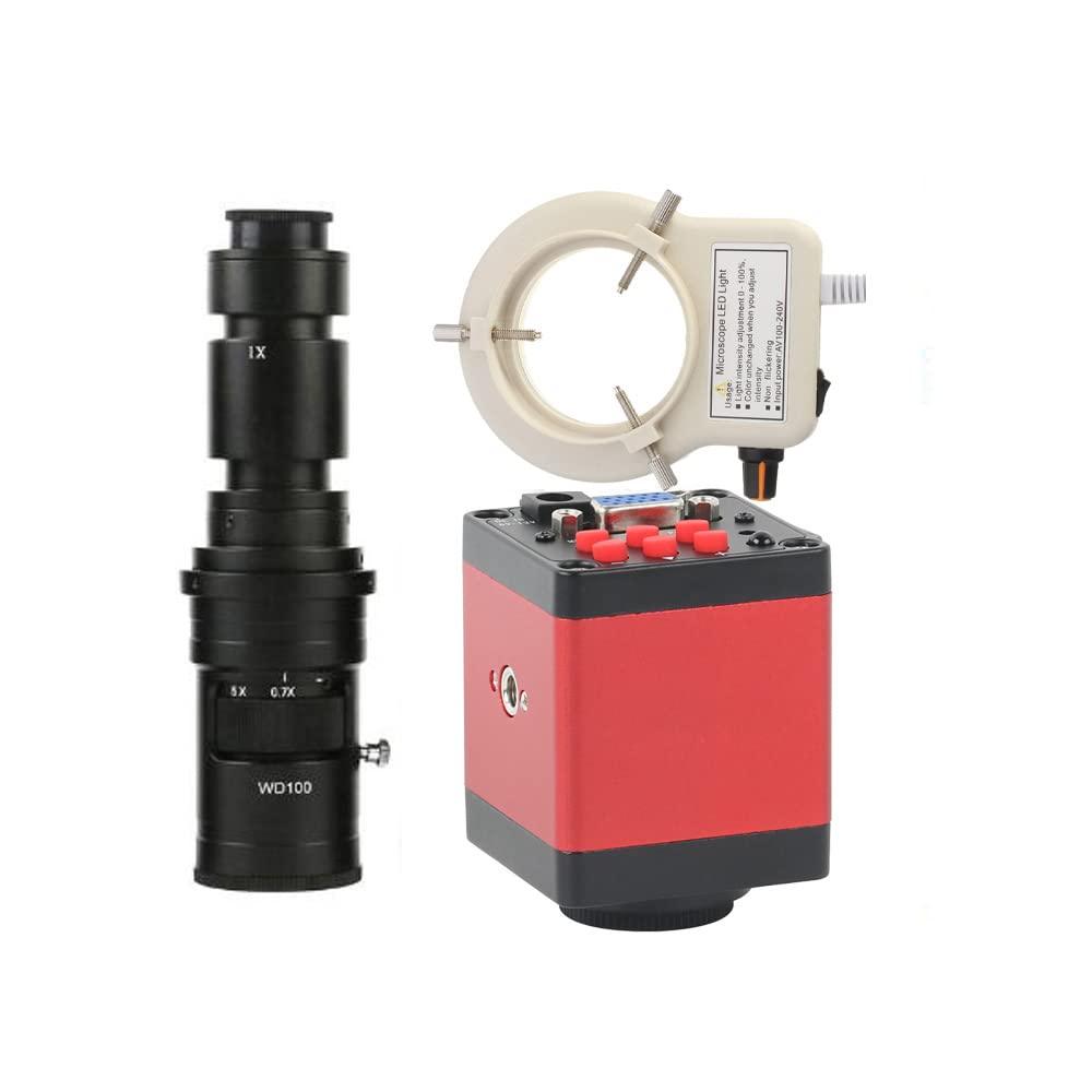 Cámara de microscopio de Video de reparación de Soldadura Industrial Digital de Laboratorio VGA HDMI de 14MP y Lente de Montaje en C 500X con Anillo de luz Ajustable de 56 LED - Rojo