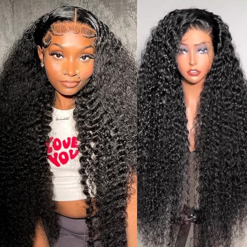 Lace Front Wigs Human Hair Water Wave Pre Plucked 13x6 Curly HD Transparent Lace Front Wigs with Baby Hair 200 Density Gluesless for Women Natural Black Color 22 Inch