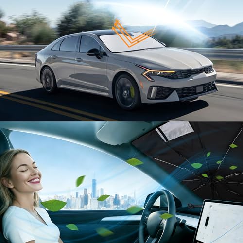 Image of Windshield Sun Shade Umbrella for 2021-26 ki-a K5 /2020-26 Hyun-dai Sonata | Full covered for windshield, Block UV Rays, Heat Reduction, Easy to install, Durable & Fold Up Small