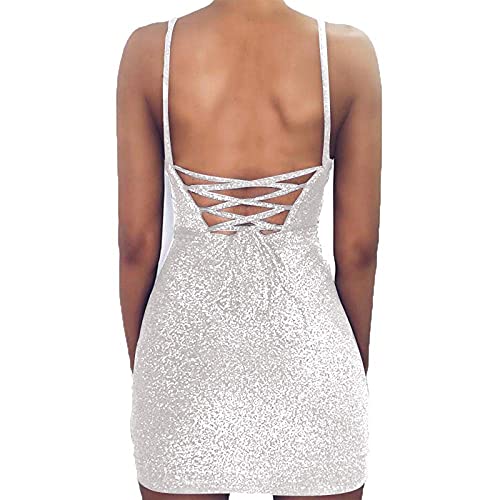 Image of VANCOL Women's Sexy Glitter Spagetti Straps Lace Up Back Bandage Bodycon Mini Club Party Dress