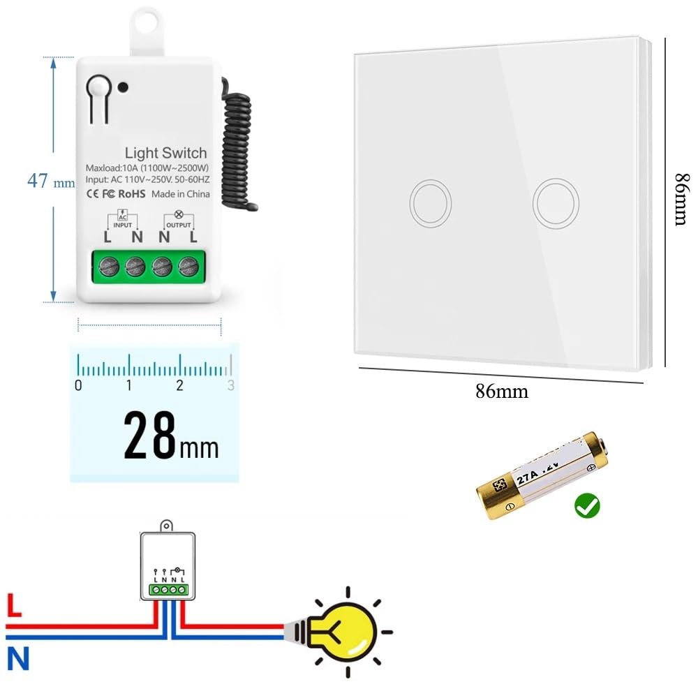 Mini interruptor de luz táctil de pared con panel de vidrio templado y control remoto, interruptor de luz LED for ventilador.(1 switch 2 Panel)