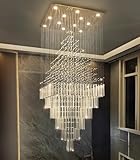 HAIXIANG W32 x H120 Glam Chandelier with LED Bulbs Square Chandeliers, Crystal Raindrop High Ceiling Pendant Light for Entrance Large Villa Foyer Lighting Fixtures Gold