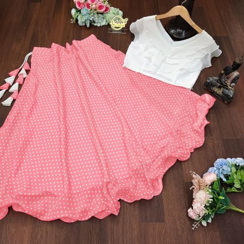 Image of Classic Flared Long Floor Length Georgette Skirt for Women /Girls and Lycra Crop-Top Set || Polka Dot Skirt || Elegent Design || Drawstring Band