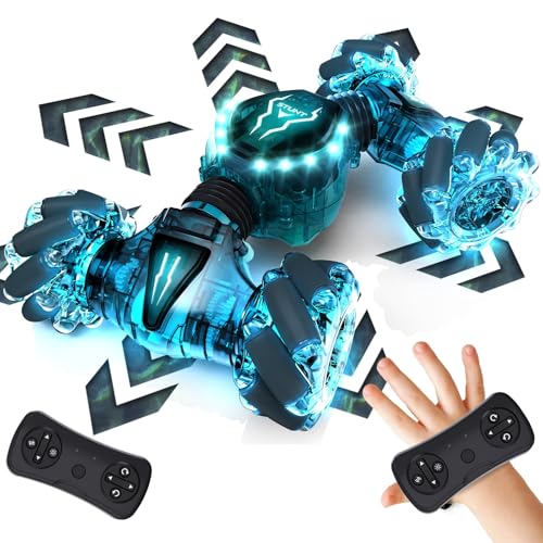 Tecnock Remote Control Car for Boys Girls, 2.4GHz 4WD Gesture Sensing RC Stunt Car Toys - 360° Rotating Double Sided Hand Controlled RC Cars with LED Lights, Gifts for Kids Ages 6-8, 8-12