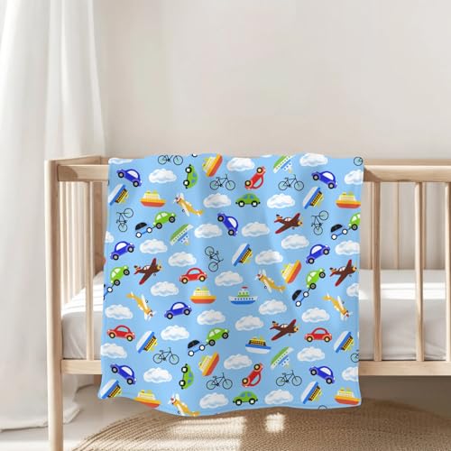 Image of Vintage Planes Airplanes Helicopters Baby Blankets for Boy Girl Hot Air Balloon Plane Clouds Sky Soft Flannel Nursery Bed Blankets for Infant Toddler Crib Swaddle Receiving Blankets Blue 60x80inch